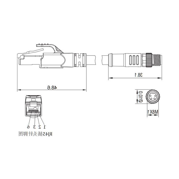 M8 4Pin straight male RJ45 Straight male, double end precast PVC non-flexible cable, with shielding, green sheath, 0C3023-XXX