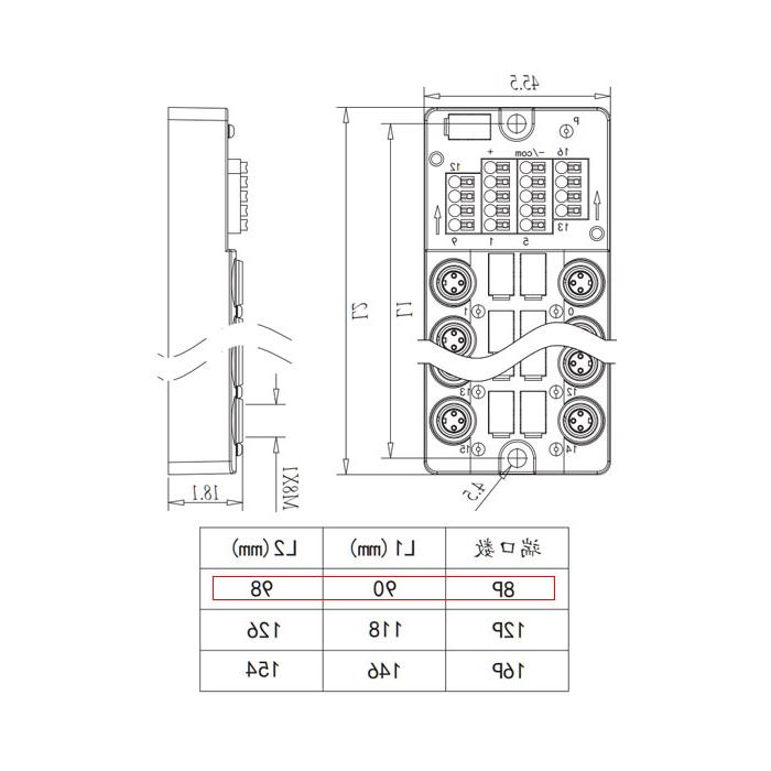 M8 junction box, single channel, PNP, 8-port split, with LED, with cover and cable, 23PT08